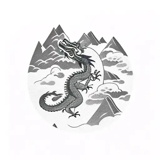 A traditional-style tattoo of a dragon flying over a rocky mountain landscape tattoo design idea