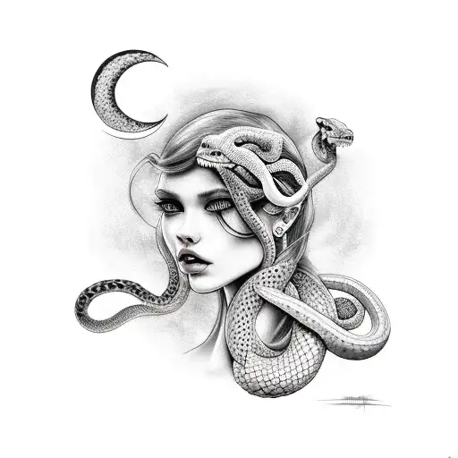 girl with snakes,magic,moon tattoo design idea