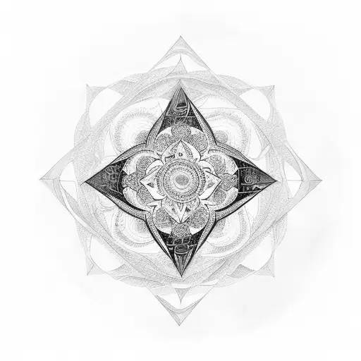 An intricate black and grey tattoo of Lyla and Lucas surrounded by a mandala of triangles tattoo design idea