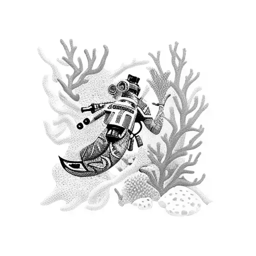 An underwater scene with a diver exploring a vibrant coral reef tattoo design idea