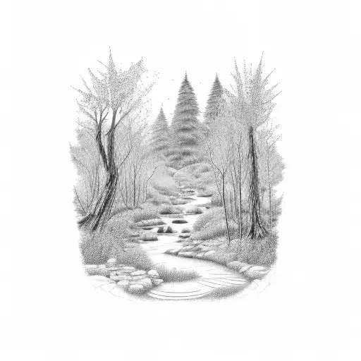 A serene forest trail leading towards a hidden waterfall tattoo design idea