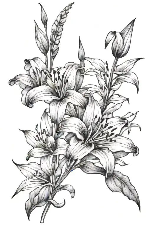 reeds, lily, rose intertwined tattoo design idea