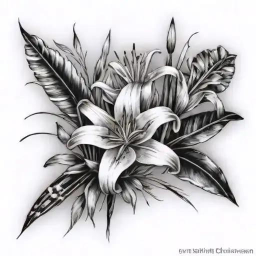 reeds, lily, rose wrapped tattoo design idea