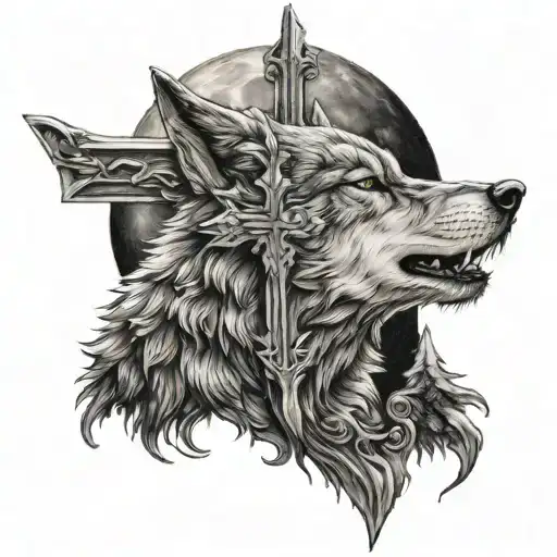 cross with wolf howling at the moon tattoo design idea