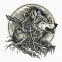 cross with wolf howling at the moon tattoo design idea