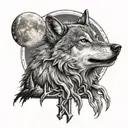 cross with wolf howling at the moon tattoo design idea