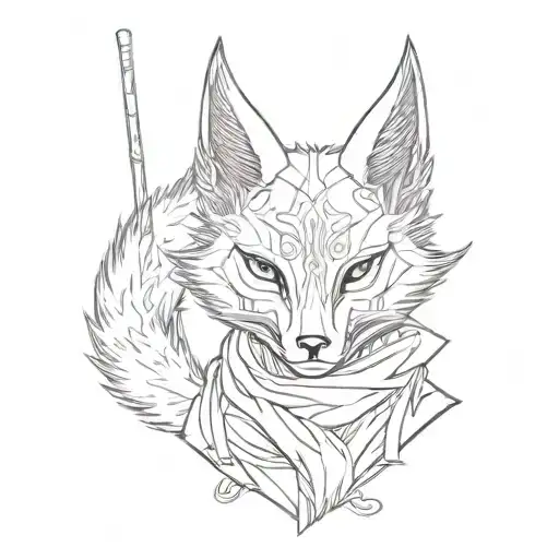 kitsune in a mask that looks like human with eyes with stick sitting tattoo design idea