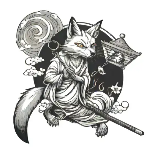 japanese kitsune fox with stick with lamp on it tattoo design idea