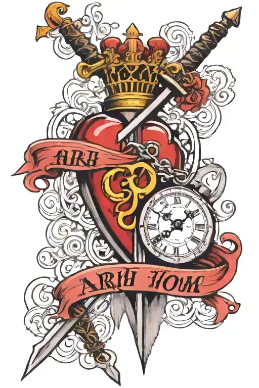 heart clock sword name "ARH" date "27.08.2015" time 7.36 tattoo design idea