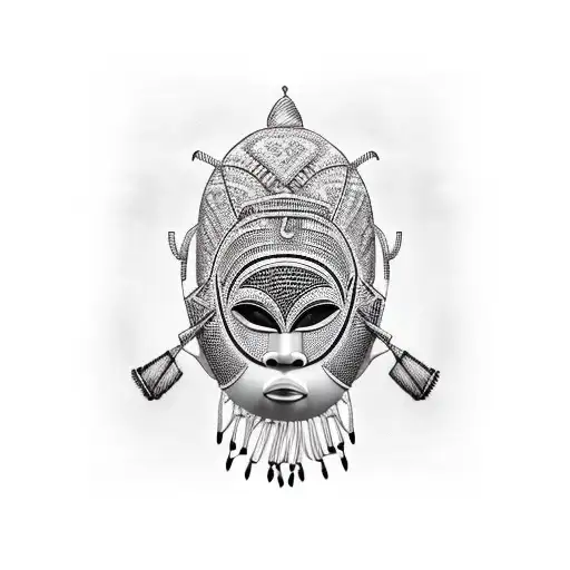 african traditional mask Hyperrealism black and white  tattoo design idea