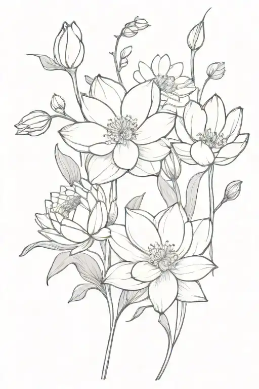 birth flowers; water lily, daisy, cosmo, lily of the valley tattoo design idea