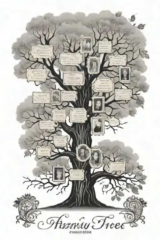 A family tree with your daughters' names incorporated in black-grey style tattoo design idea