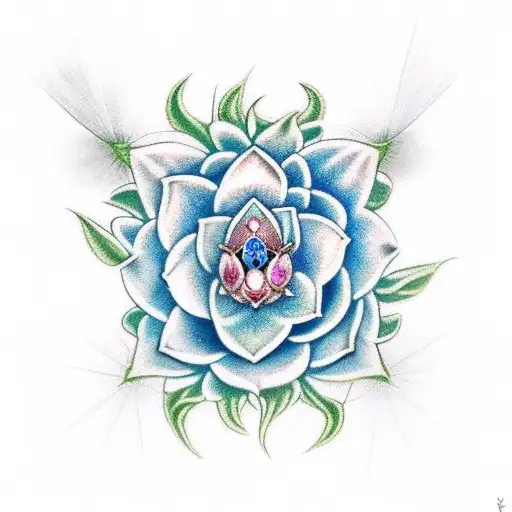 a blue mandrake flower with a Ruby gem as its center piece tattoo design idea