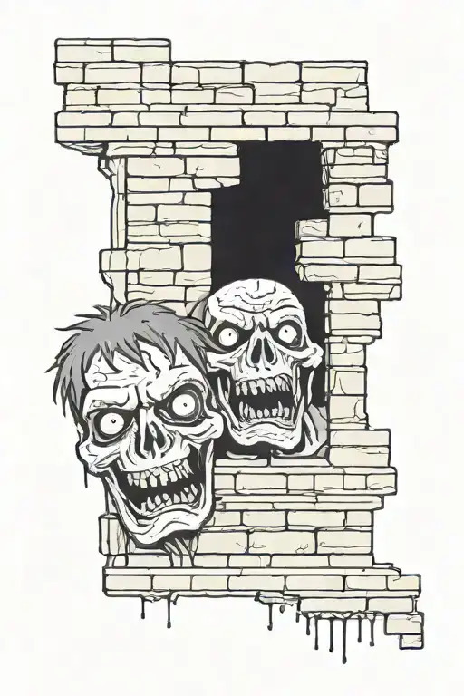 2 zombie faces under brick wall tattoo design idea