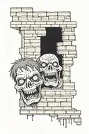 2 zombie faces under brick wall tattoo design idea