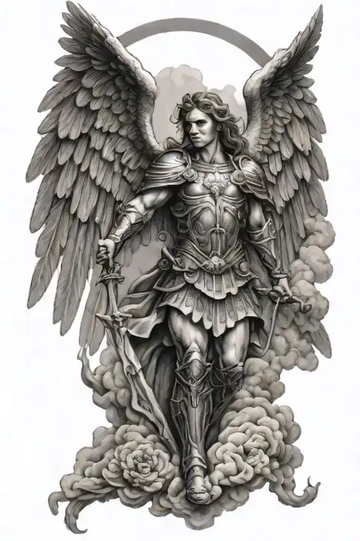 archangel Michael with clouds and gates of heaven behind hin   tattoo design idea