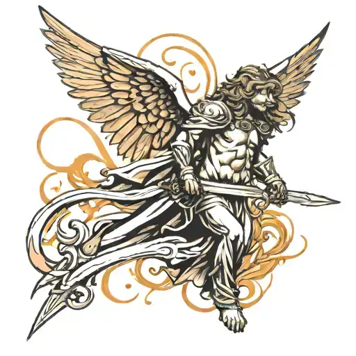 fallen angel with broken wings, holding a sword, I want to add lion symbolism and have a temple tattoo design idea