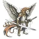 fallen angel with broken wings, holding a sword, I want to add lion symbolism and have a temple tattoo design idea