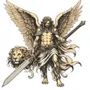 fallen angel with broken wings, holding a sword, I want to add lion symbolism and have a temple tattoo design idea