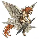 fallen angel with broken wings, holding a sword, I want to add lion symbolism and have a temple tattoo design idea