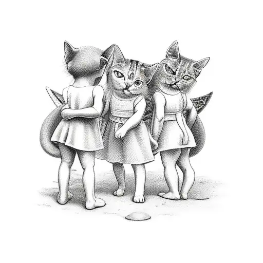 three little angels and three cats, with a cross in the background tattoo design idea