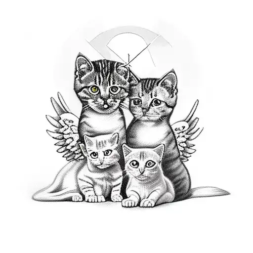 three little angels and three cats, with a cross in the background tattoo design idea