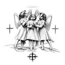 three little angels and three cats, with a cross in the background tattoo design idea