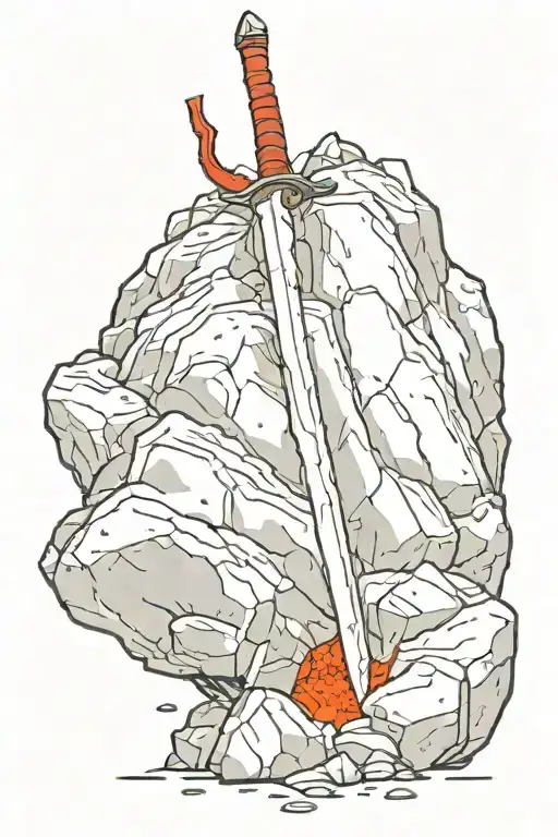 A long sword inside a rock, the sword is red cause it's hot, a lava long sword inside a big rock tattoo design idea