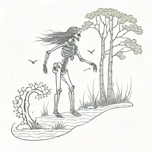 lake with forest and a girl dancing skeleton tattoo design idea