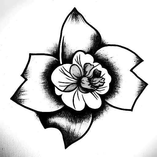 open book outline with a Daffodil, a Rose, a Marigold and a Chrysanthemum coming from the centre of the book tattoo design idea