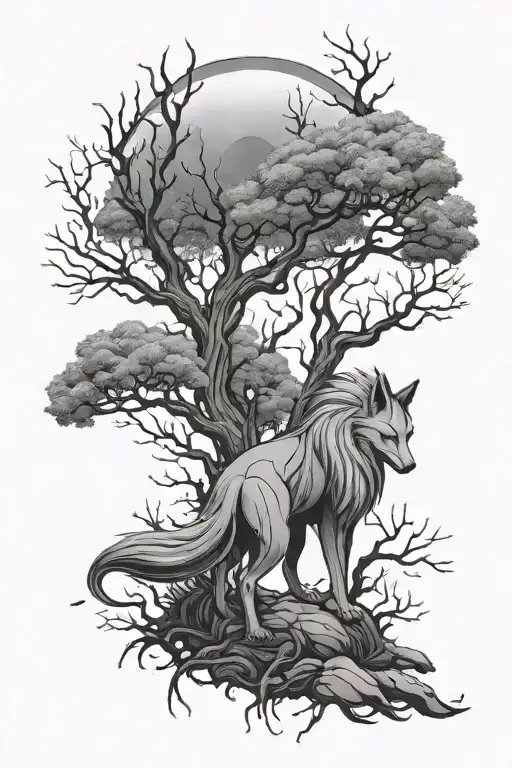 kurama tattoo design him in the forest scene tattoo design idea