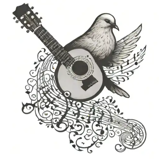  Dove with guitar or music notes: A delicate dove perched on a guitar neck, surrounded by tiny music notes and symbols tattoo design idea