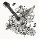  Dove with guitar or music notes: A delicate dove perched on a guitar neck, surrounded by tiny music notes and symbols tattoo design idea