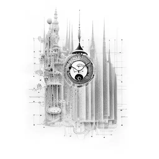 A surreal scene of melting clocks intertwined with architectural blueprints, portraying the blending of time and architectural concepts tattoo design idea