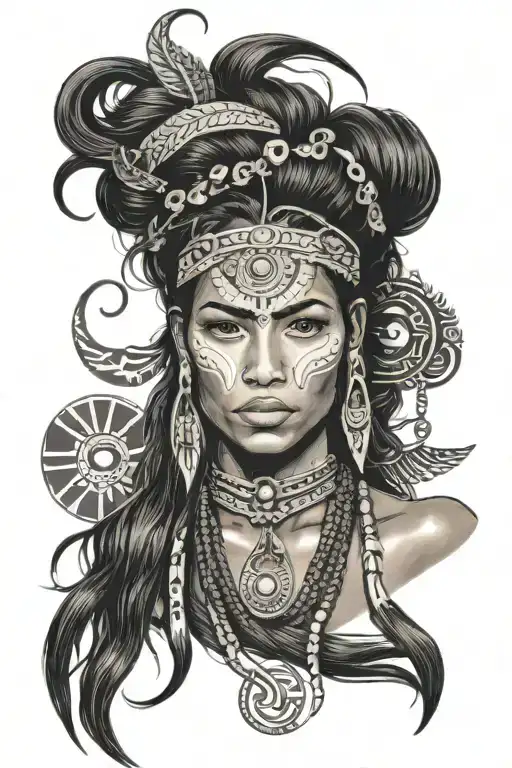 Face Of A Long Hair Female Taino, surrounded a beach with tribal sun symbol, a coqui, and cami  tattoo design idea