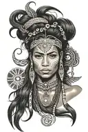 Face Of A Long Hair Female Taino, surrounded a beach with tribal sun symbol, a coqui, and cami  tattoo design idea