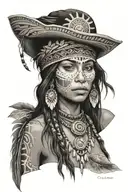 Face Of A Long Hair Female Taino, surrounded a beach with tribal sun symbol, a coqui, and cami  tattoo design idea