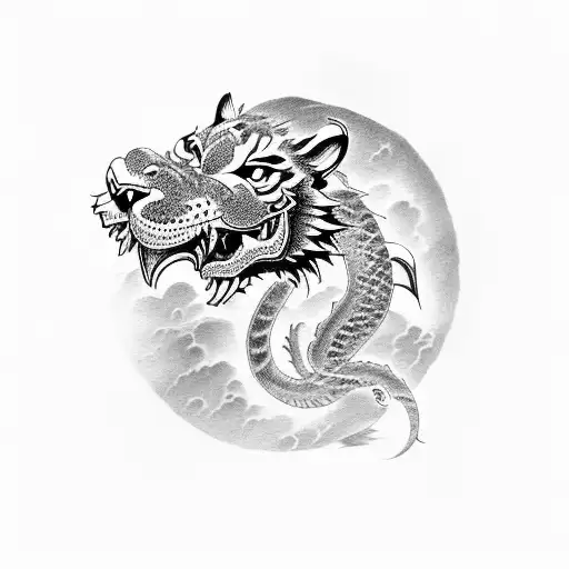 tiger dragon oriental clouds mountains zodiac tattoo design idea