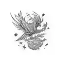 A vibrant blue phoenix rising from a stack of comic books, representing the rebirth of passion for collecting tattoo design idea