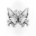  black/white butterfly, really long pink cherry blossom branches come far out from sides of wings. dainty and feminine.  tattoo design idea