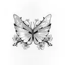  black/white butterfly, really long pink cherry blossom branches come far out from sides of wings. dainty and feminine.  tattoo design idea