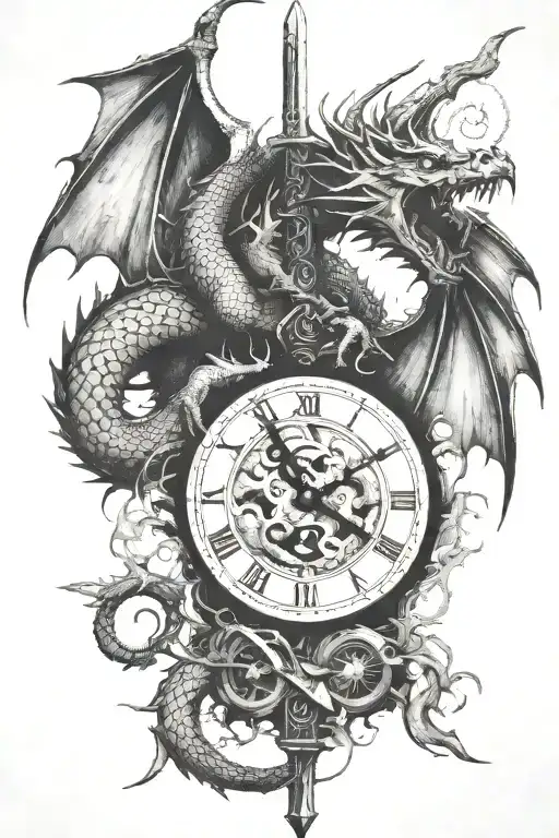 dragon with a shattered clock face, with a sword piercing through them tattoo design idea