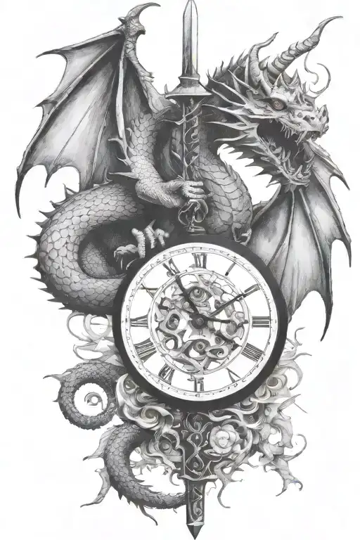 dragon with a broken clock face, with a sword piercing through  tattoo design idea