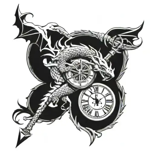 Dragon wrapped around a clock with a sword piercing through it tattoo design idea