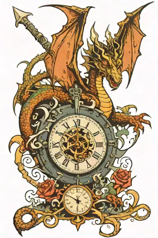 dragon with broken clock face shattered in pieces with a sword piercing through  tattoo design idea