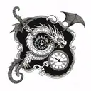 Dragon wrapped around a clock with a sword piercing through it tattoo design idea