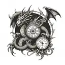 Dragon wrapped around a clock with a sword piercing through it tattoo design idea
