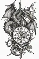 dragon with sword piercing with shattered clock face  tattoo design idea