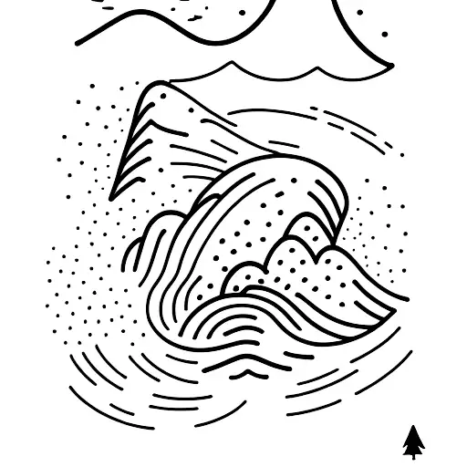 A snowboarder carving through a mountain range with waves crashing in the background tattoo design idea