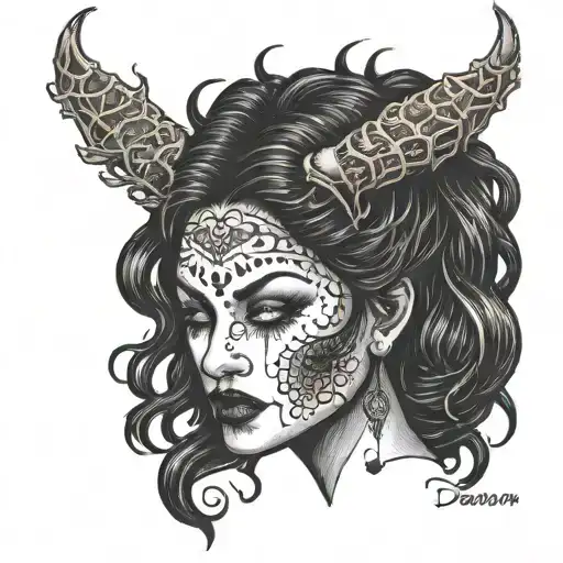 demon woman face  dark lettering black hair tattoo design idea